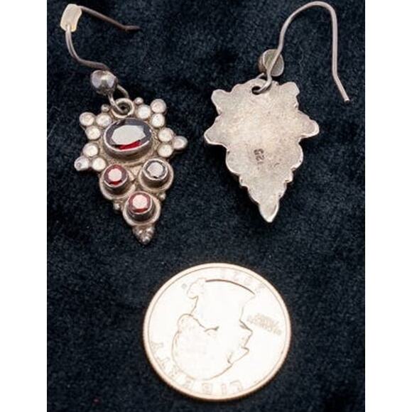 Vintage Art Deco Sterling Silver & Red Garnet Cluster Drop Earrings - Picture 5 of 8